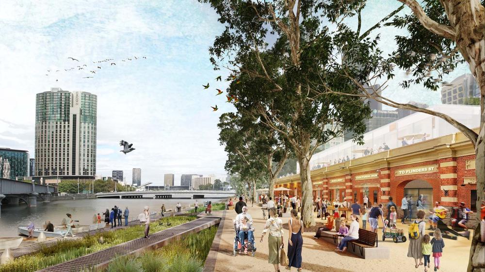 An artist’s impression of what the Historic Banana Alley vaults might become. The image shows seagulls flying over the river, while ducks dive into the water as people walk along the new pathway protected by the shade of trees. 