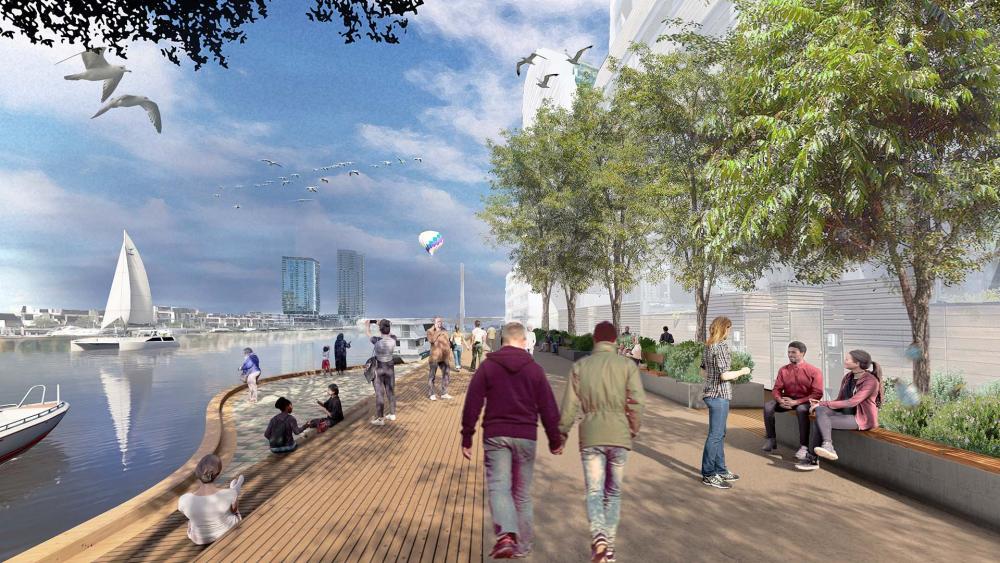 An artist’s impression of what the Collins Street River Frontage might become. The image shows the riverfront promenade passing through the centre of the image with residential and commercial buildings to the right. It’s lined with trees and planter boxes that double as seats. The promenade is bustling with activity, with pedestrians seen walking hand in hand, engaged in conversation sat by the trees or using the steps closest to the water to get the best view of the sailboat and city views across the water