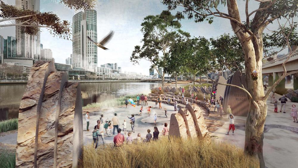An artist’s impression of what the Customs Square and Enterprize Park area might become. The image shows people gathered within a paved open space by the river, using it for a range of recreational activities. The area is enclosed by steps that are used for sitting to observe the rivers' activities. There is a tree and native grasses, with tall city buildings in the distance.  